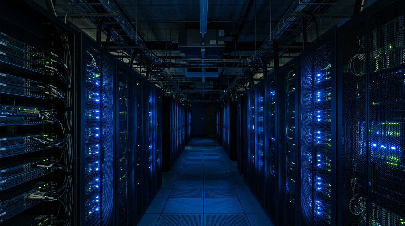Row of server racks with glowing blue indicator lights in a dark secure data room