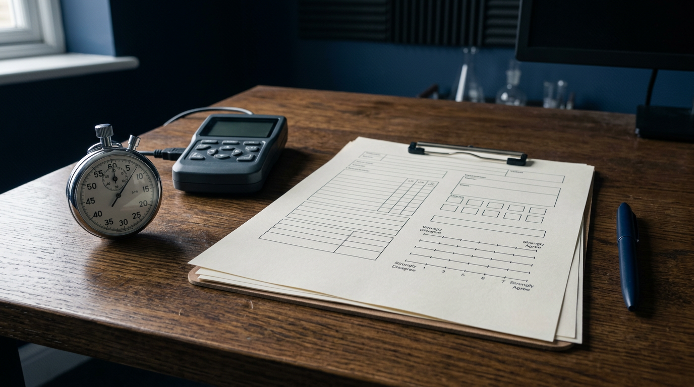 Close-up of clinical reflex instruments and a stopwatch beside blank rating scale sheets on a dark oak desk