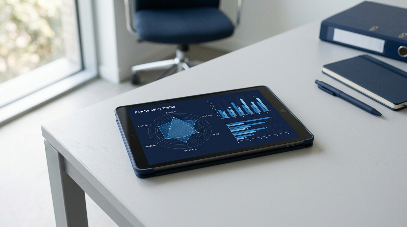 Tablet displaying blue psychometric assessment charts on a clean clinical desk beside a navy notebook in soft daylight