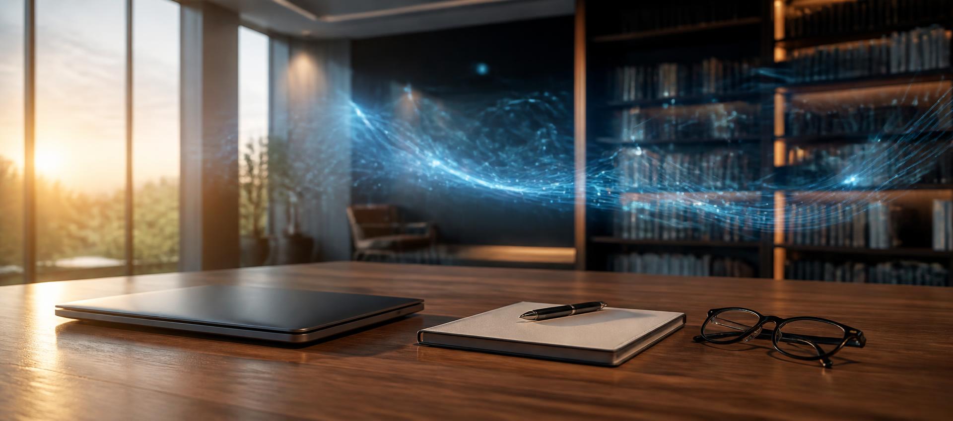 Sunlit modern research library with a closed laptop, notebook, and reading glasses on a wooden desk, and a subtle blue data network floating in the background