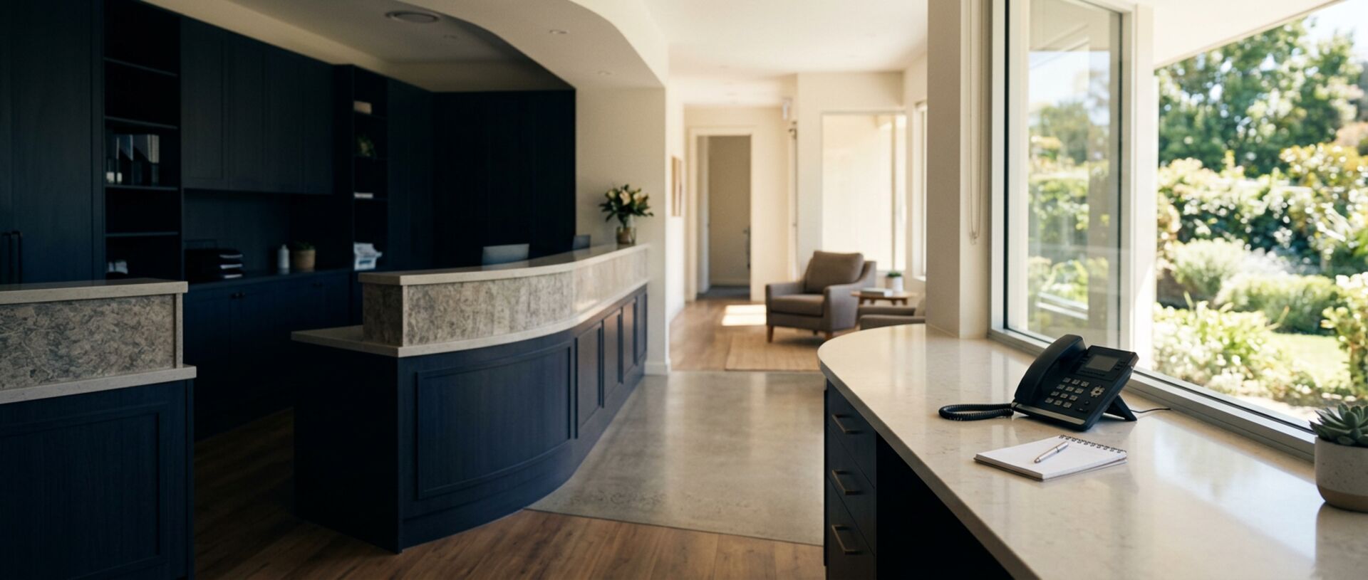 Modern mental health clinic reception with navy joinery and a desk telephone and notepad on a sunlit stone counter