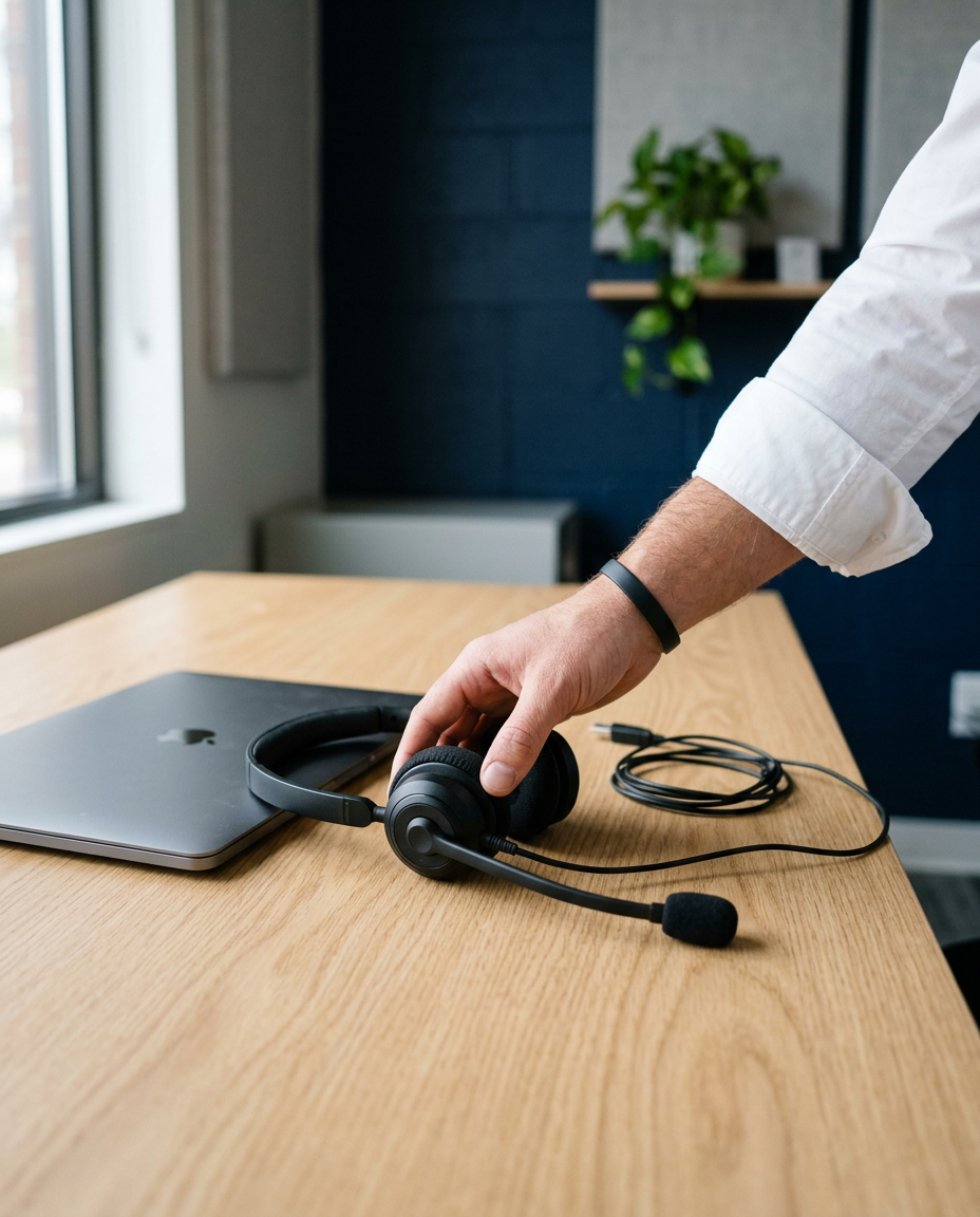 Close-up of a hand reaching for a professional USB headset with boom microphone beside a laptop in a secure telehealth office