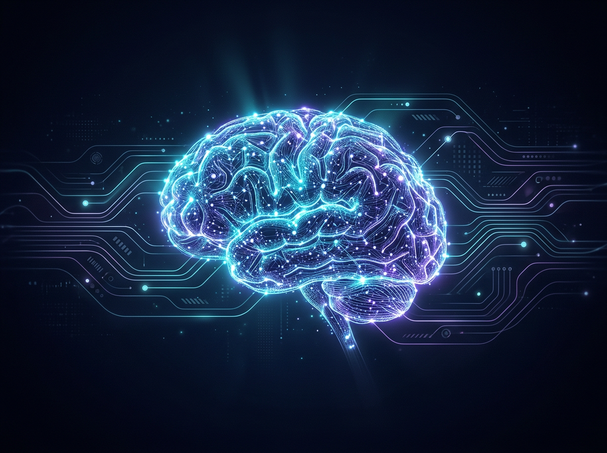 Glowing neural-network brain of cyan and violet light over dark navy circuit pathways