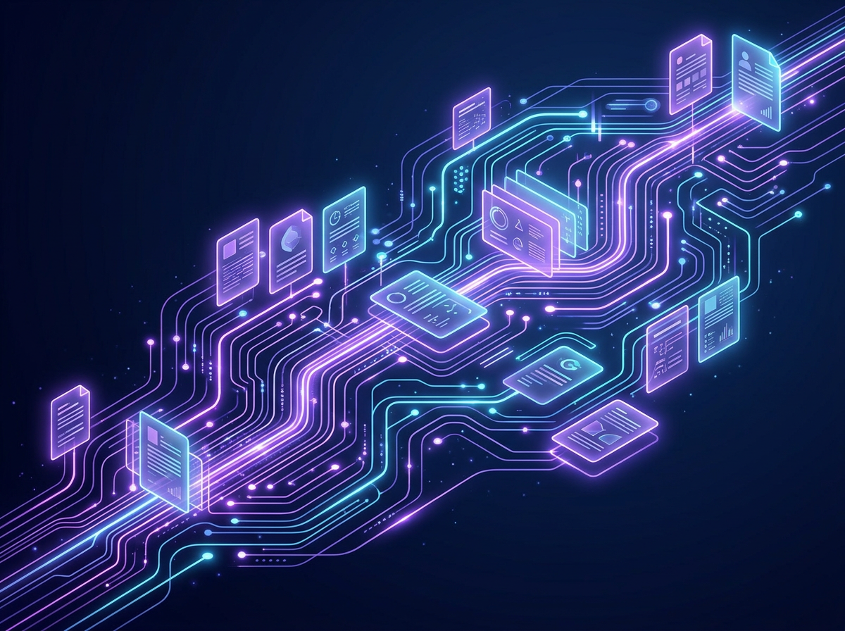 Abstract luminous circuitry carrying clinical documents through an AI workflow