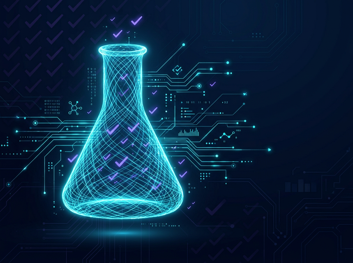 Glowing laboratory flask formed from cyan light threads and checkmark patterns on a dark navy circuit background