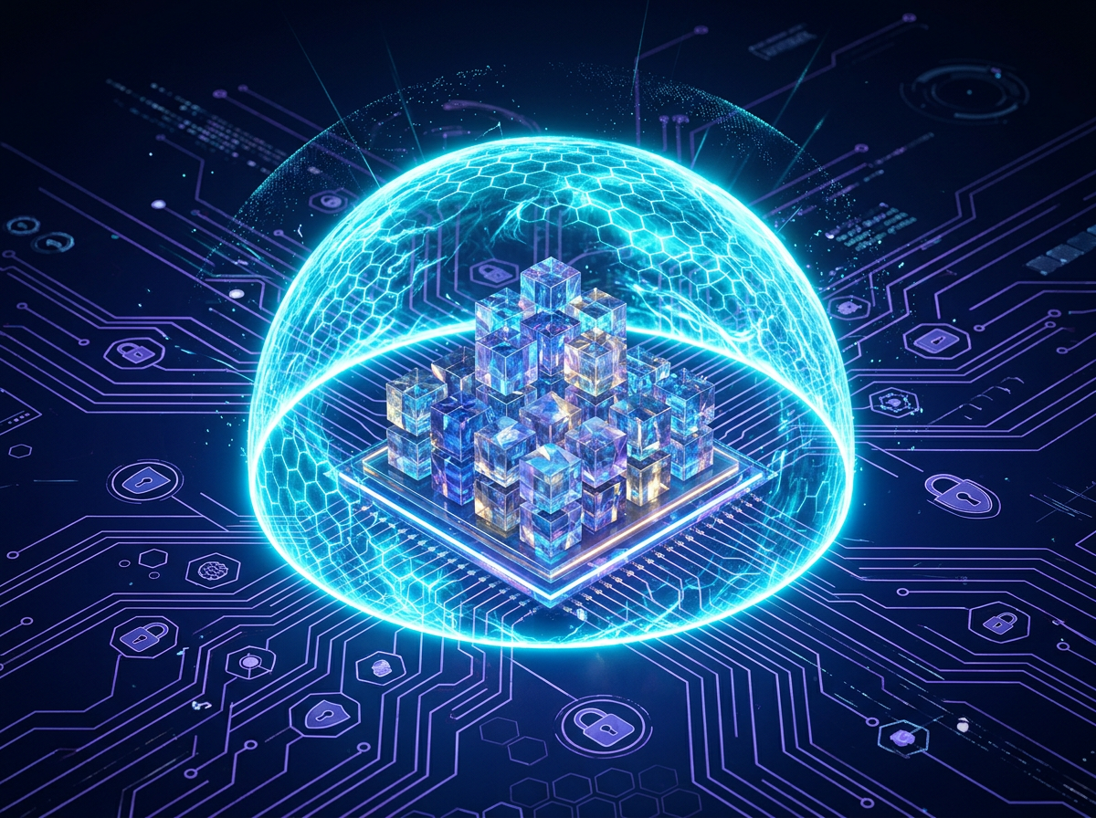 Glowing cyan shield dome protecting crystalline data blocks above a violet circuit board
