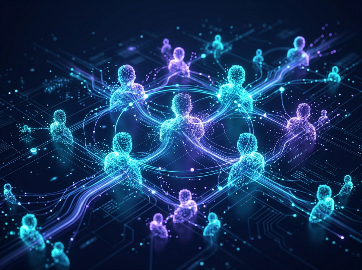 Connected glowing nodes linked by cyan and violet workflow lines on a dark navy network
