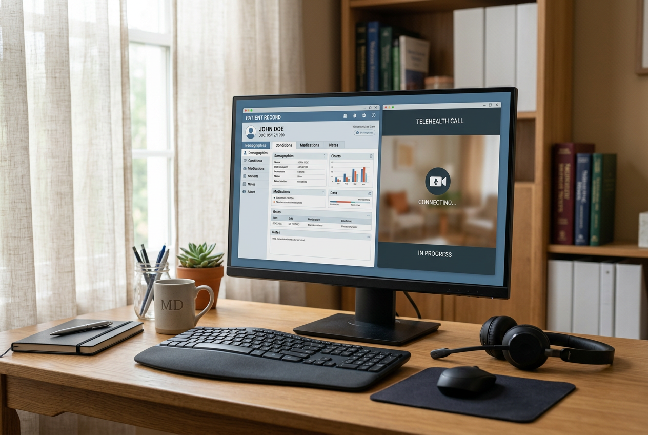Clinician desktop monitor showing an electronic health record patient chart beside a secure telehealth video call window, with a headset on the wooden desk
